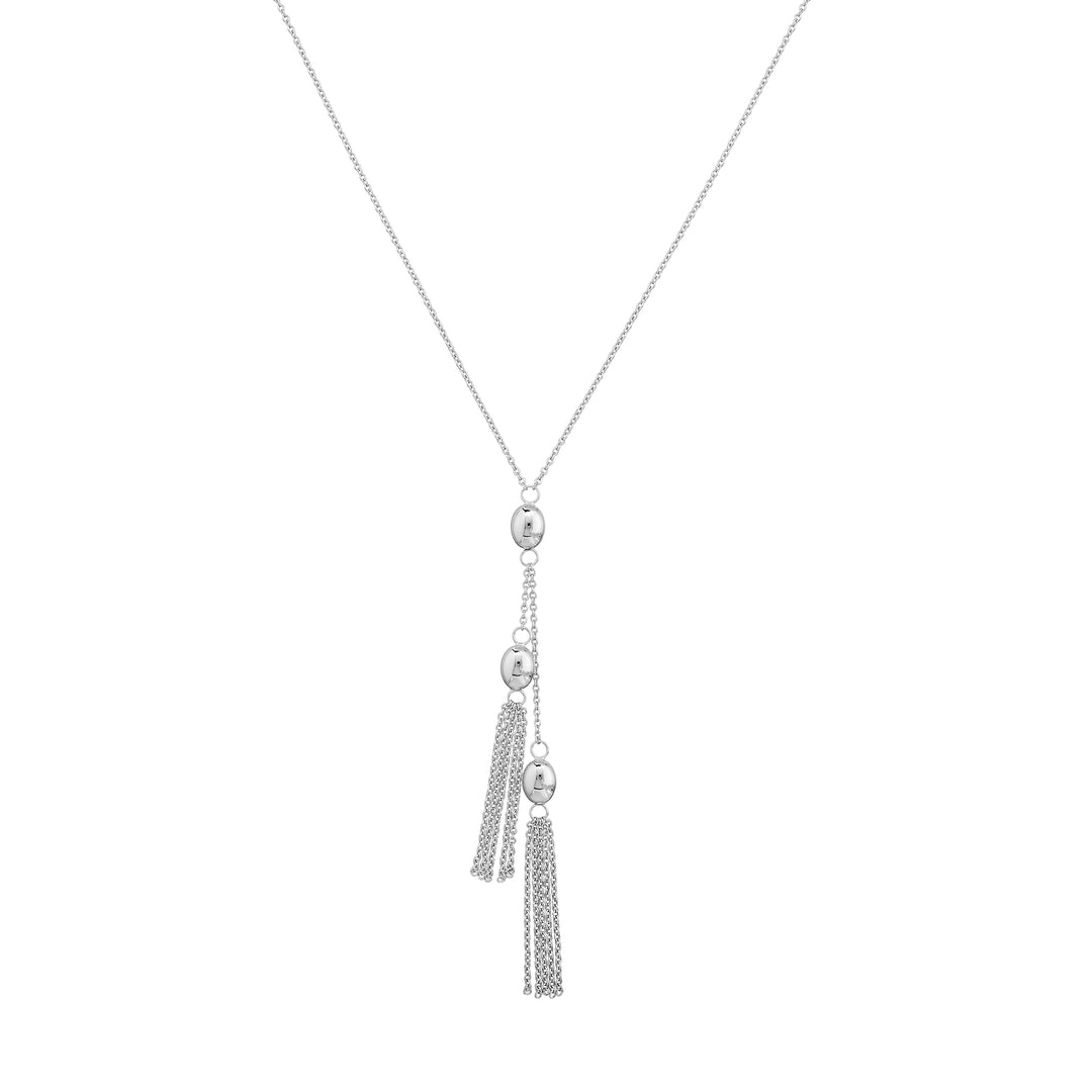 Sterling Silver Diamond-Cut Oval Tassel Bead Y-Necklace