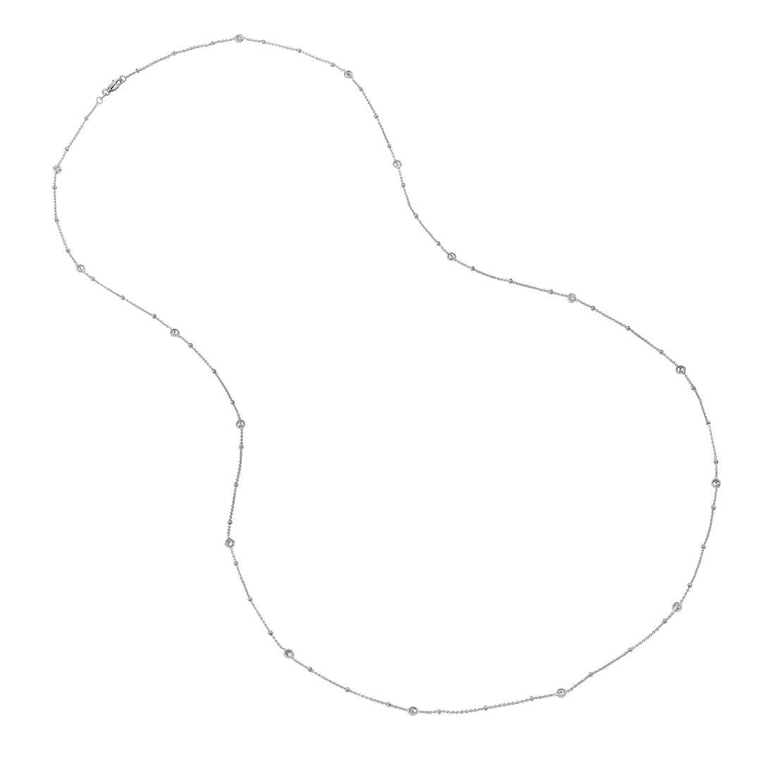 Sterling Silver Mini Bead and CZ Bezel Station Long Necklace