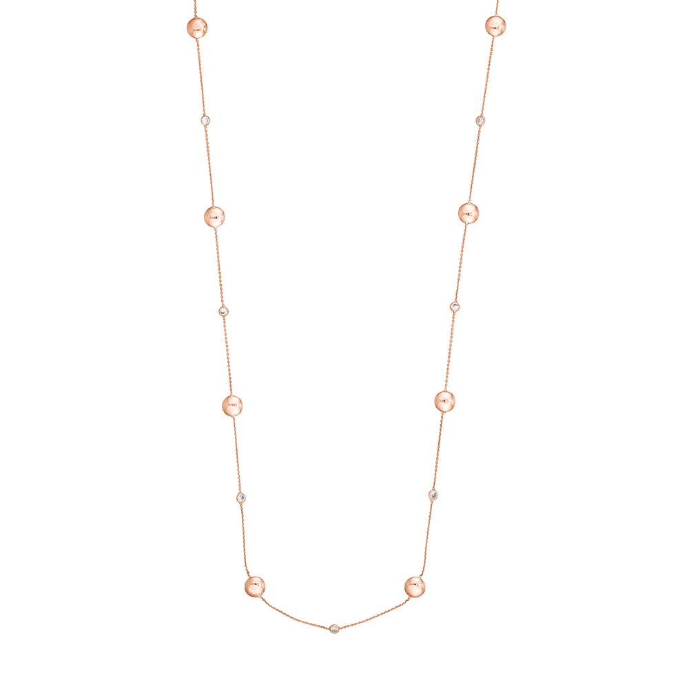 Sterling Silver Polished Bead and CZ Station Long Necklace