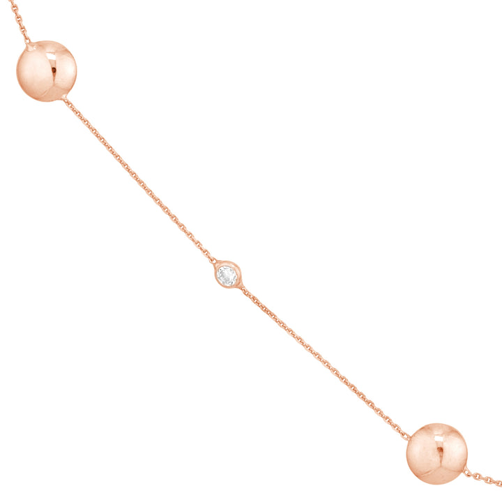 Sterling Silver Polished Bead and CZ Station Long Necklace