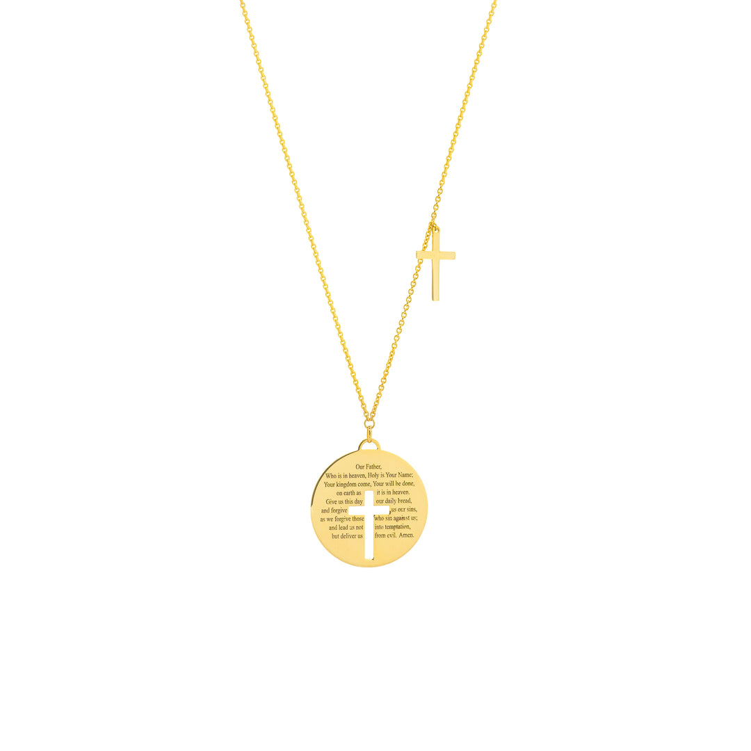 Lords Prayer Disc Necklace with Crosses