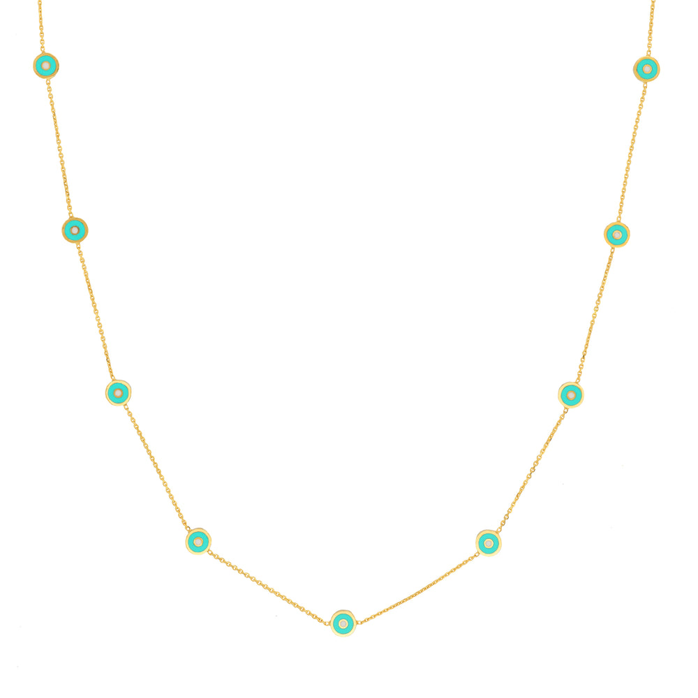 Lt. Turquoise Enamel Round Evil Eye Station Necklace