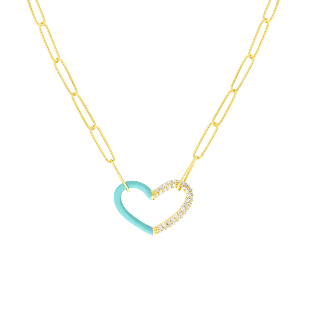 50/50 Lt. Turquoise Enamel Diamond Heart Necklace