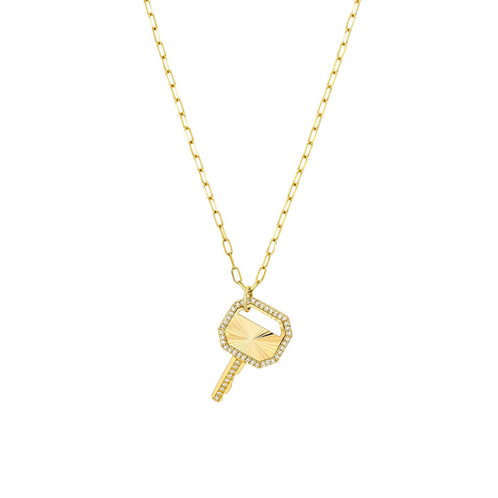 Fluted Diamond Frame Key Pendant on Paper Clip Chain
