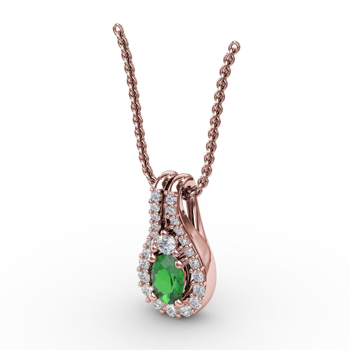 Halo Teardrop Emerald and Diamond Pendant