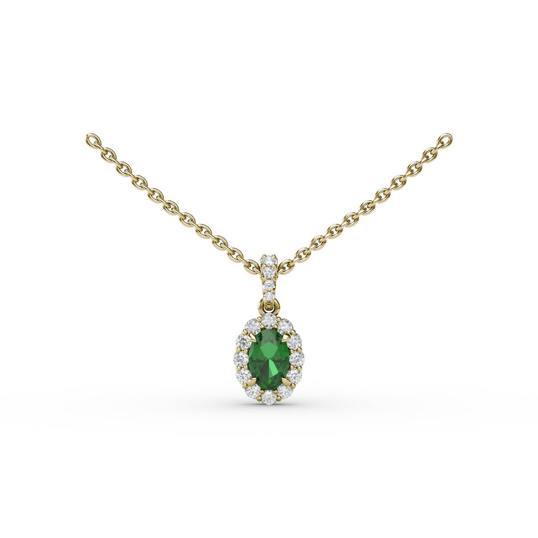 Emerald and Diamond Halo Necklace