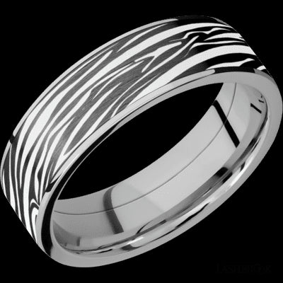 7 mm wide/Flat/Titanium band with one 6 mm Centered inlay of Zirconium with a laser carved Zebra pattern.