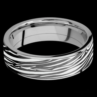7 mm wide/Flat/Titanium band with one 6 mm Centered inlay of Zirconium with a laser carved Zebra pattern.