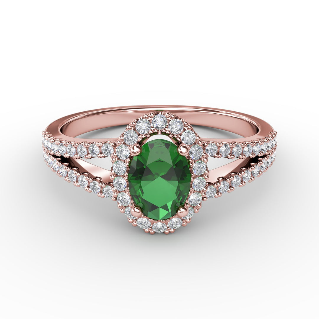 Split Shank Oval Emerald and Diamond Ring