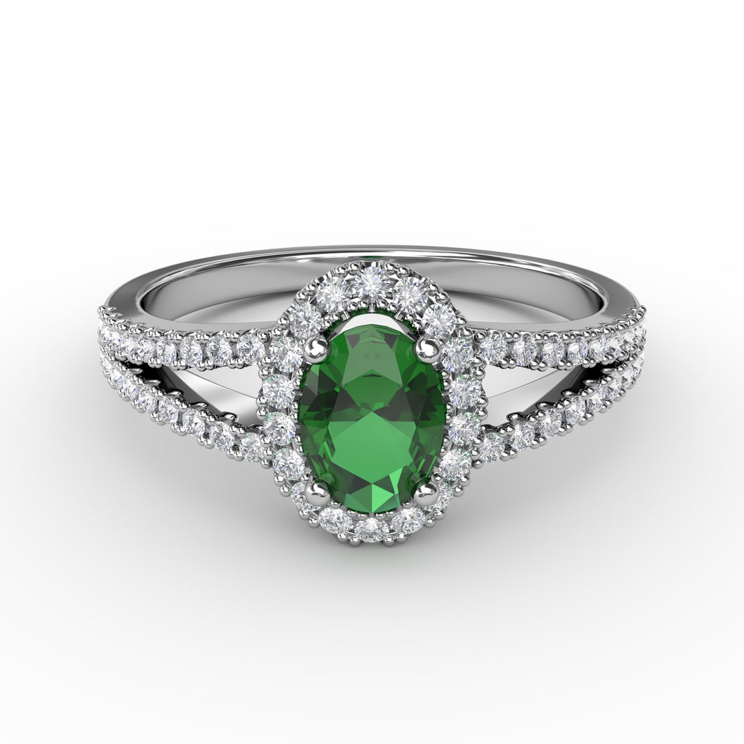 Split Shank Oval Emerald and Diamond Ring