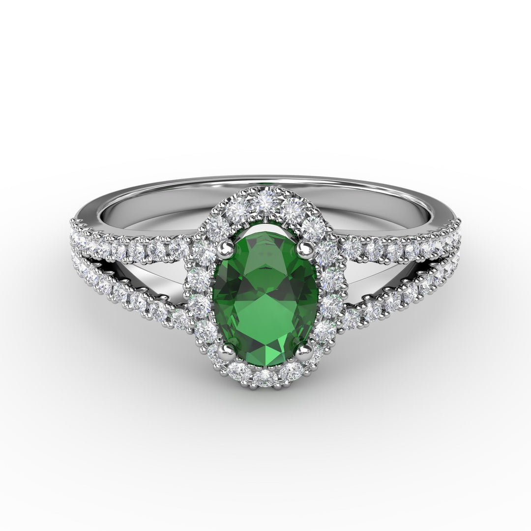 Split Shank Oval Emerald and Diamond Ring