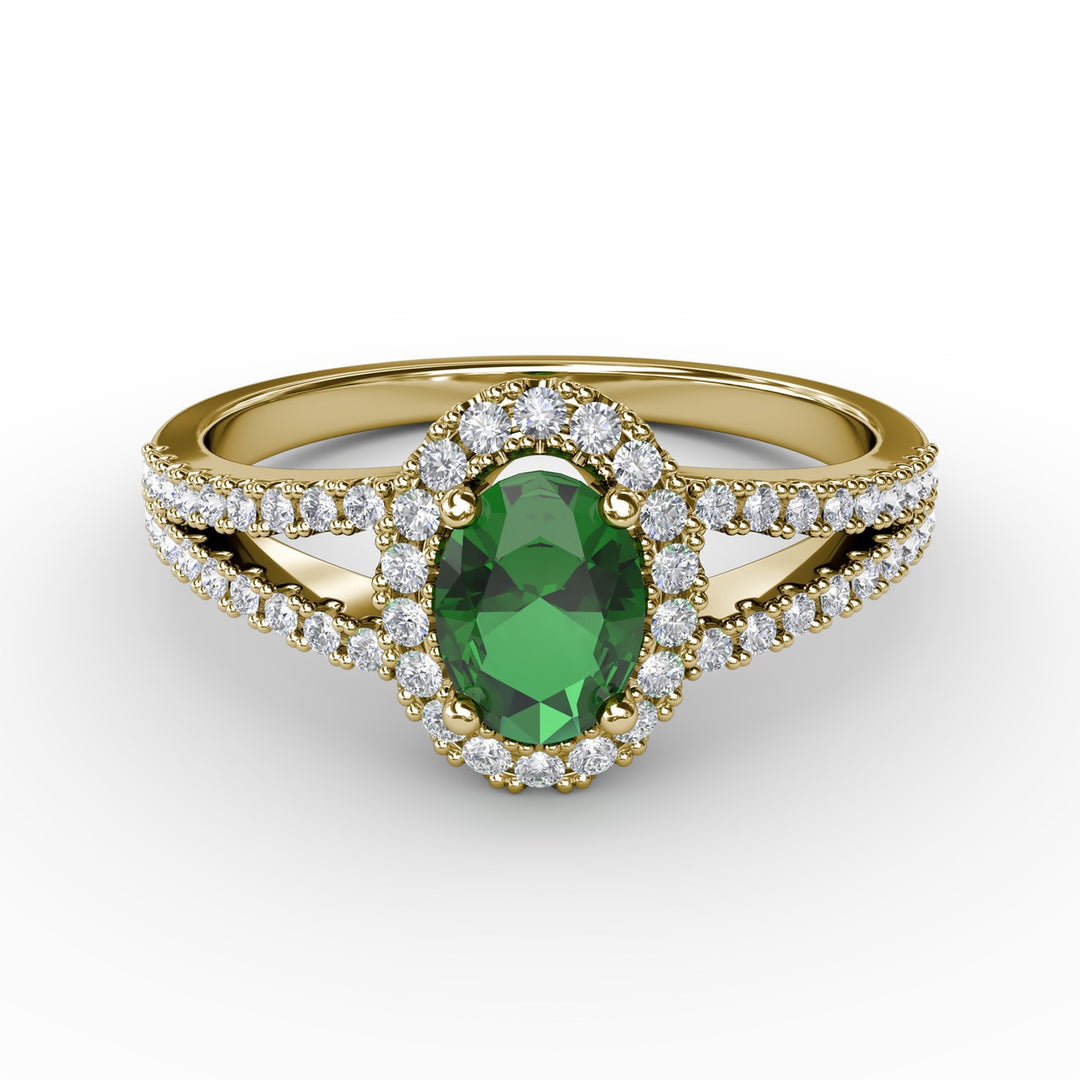 Split Shank Oval Emerald and Diamond Ring