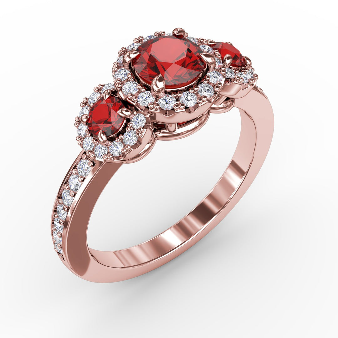 Dazzling Three Stone Ruby And Diamond Ring