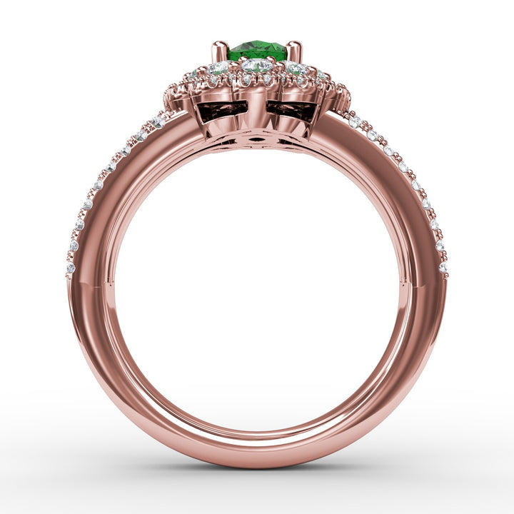 Emerald and Diamond Triple Row Split Shank Ring