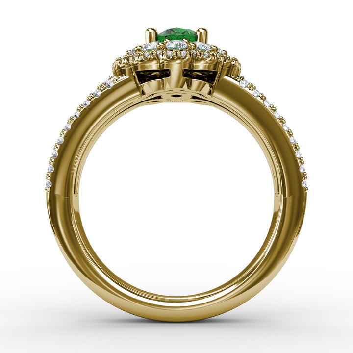 Emerald and Diamond Triple Row Split Shank Ring