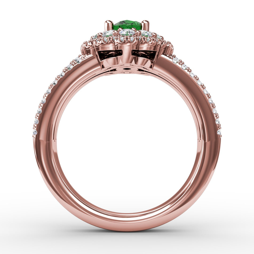 Emerald and Diamond Triple Row Split Shank Ring