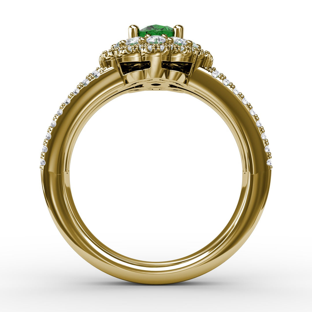Emerald and Diamond Triple Row Split Shank Ring