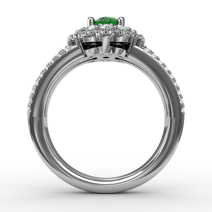 Emerald and Diamond Triple Row Split Shank Ring