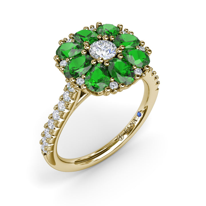 Emerald and Diamond Cluster Flower Ring