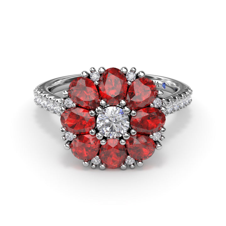 Ruby and Diamond Cluster Flower Ring