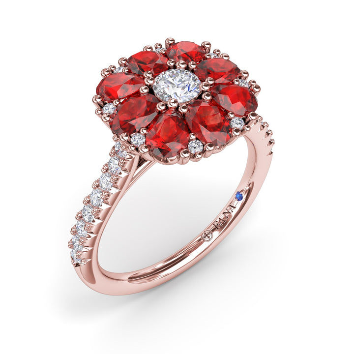 Ruby and Diamond Cluster Flower Ring