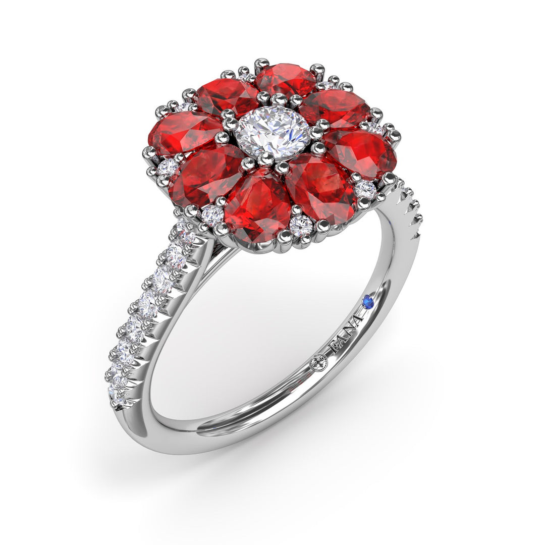 Ruby and Diamond Cluster Flower Ring