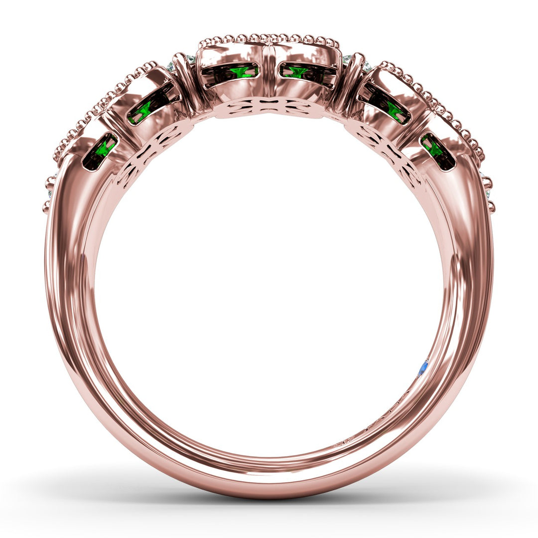 Magnolia Milgrain Emerald and Diamond Ring