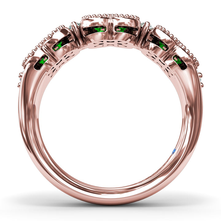 Magnolia Milgrain Emerald and Diamond Ring