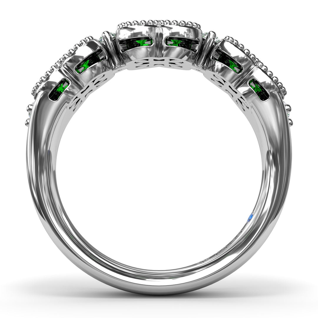 Magnolia Milgrain Emerald and Diamond Ring