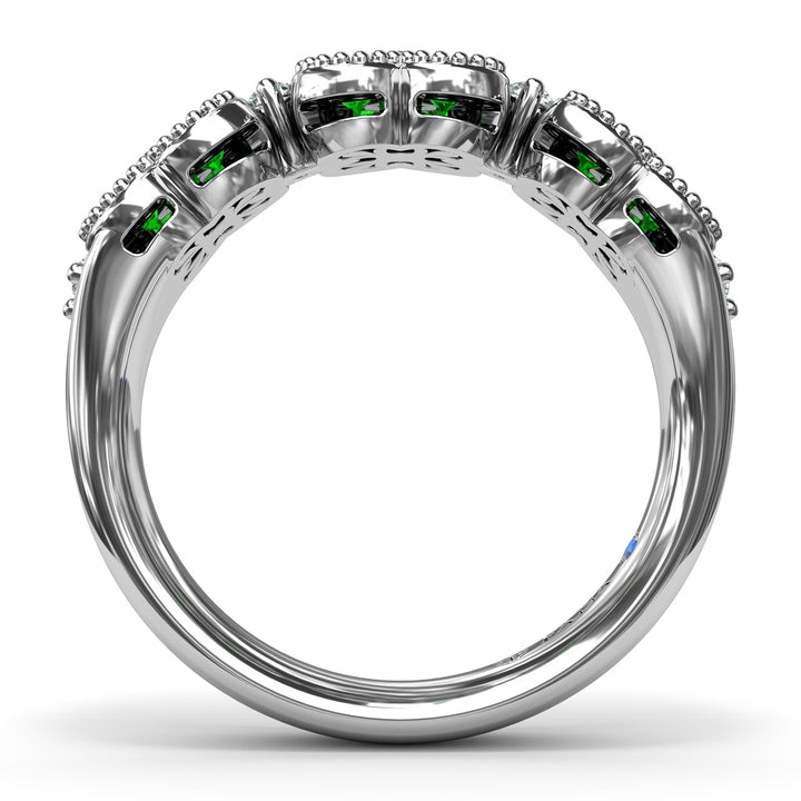 Magnolia Milgrain Emerald and Diamond Ring