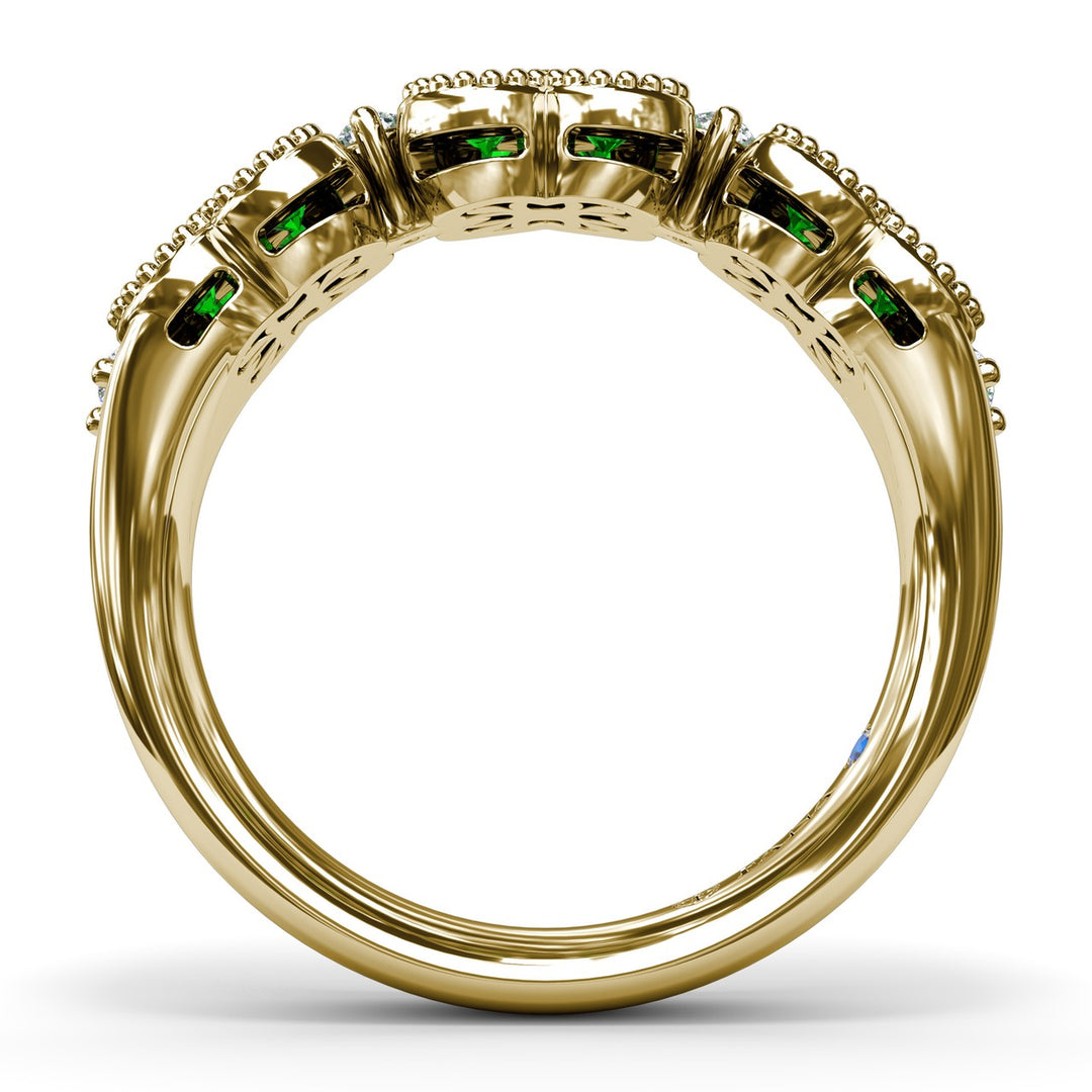 Magnolia Milgrain Emerald and Diamond Ring