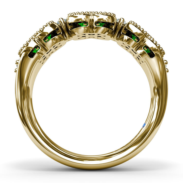Magnolia Milgrain Emerald and Diamond Ring