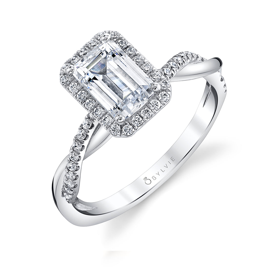 Emerald Cut Modern Halo Diamond Spiral Engagement Ring - Coralie