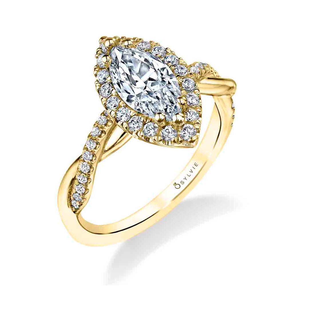 Marquise Cut Modern Halo Diamond Spiral Engagement Ring - Coralie