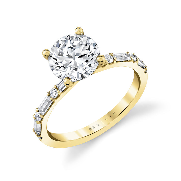 Round Cut Alternating Diamond and Baguette Engagement Ring - Bonnie
