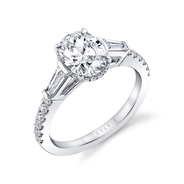 Oval Cut Classic Hidden Halo Engagement Ring with Baguette Side Stones - Isla