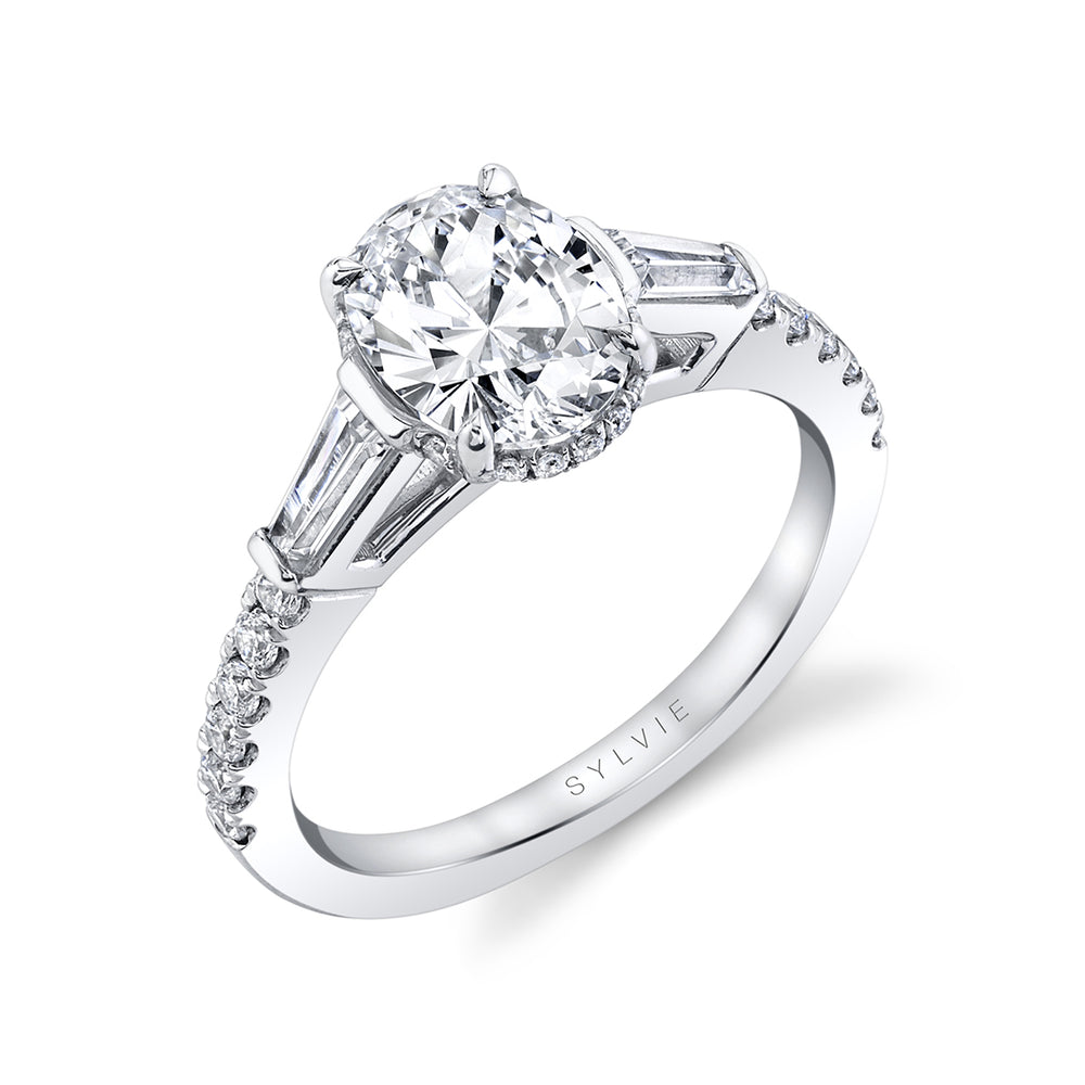 Oval Cut Classic Hidden Halo Engagement Ring with Baguette Side Stones - Isla