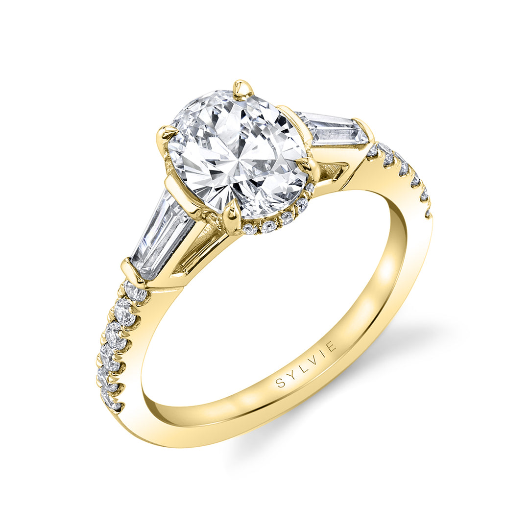 Oval Cut Classic Hidden Halo Engagement Ring with Baguette Side Stones - Isla