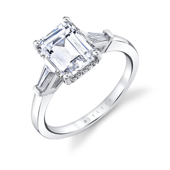 Emerald Cut Three Stone Hidden Halo Engagement Ring - Karrigan