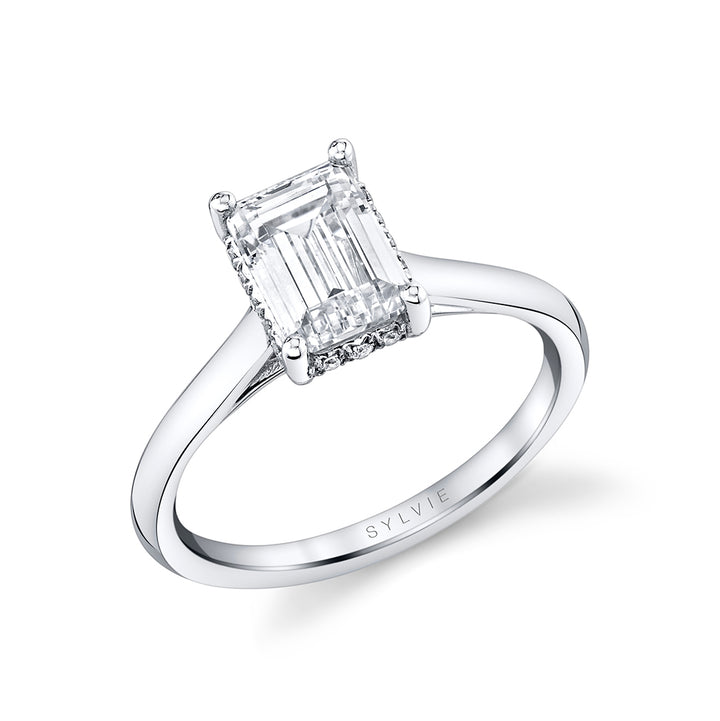 Emerald Cut Solitaire Hidden Halo Engagement Ring - Elliott