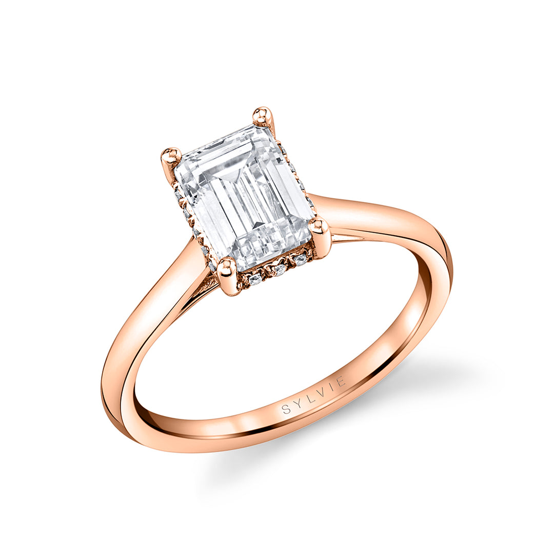 Emerald Cut Solitaire Hidden Halo Engagement Ring - Elliott