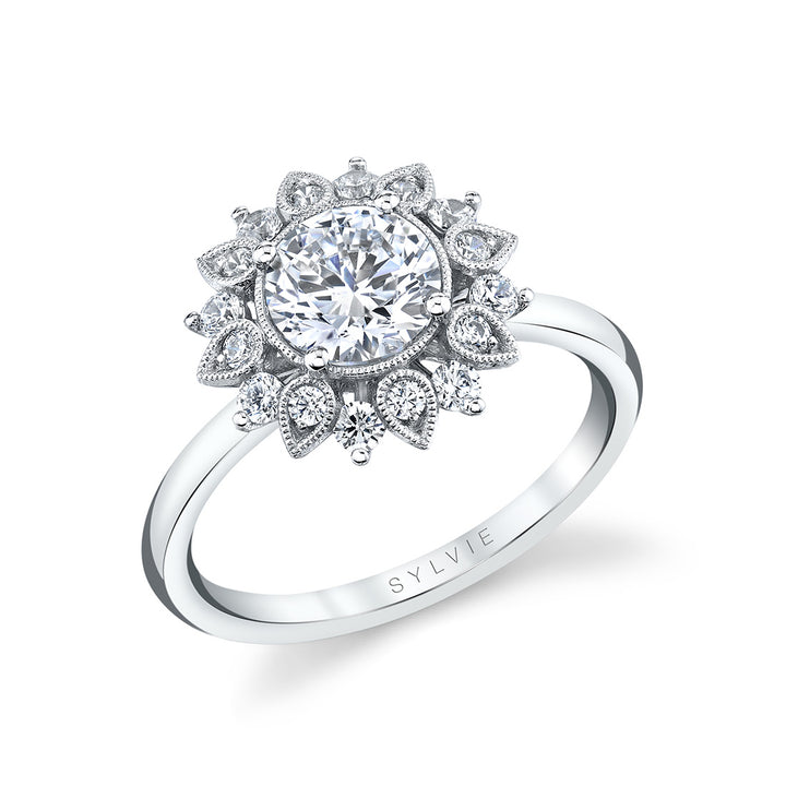 Tulira Solitaire Engagement Ring With Milgrain Floral Halo - Carissa