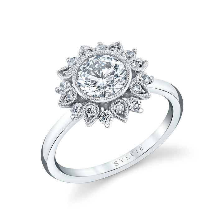Round Cut Solitaire Floral Halo Engagement Ring - Carrie
