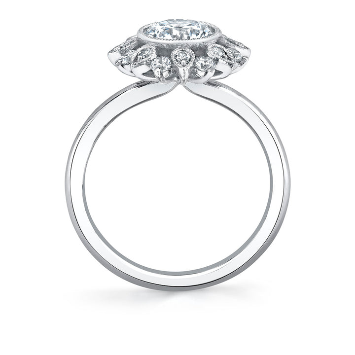 Round Cut Solitaire Floral Halo Engagement Ring - Carrie