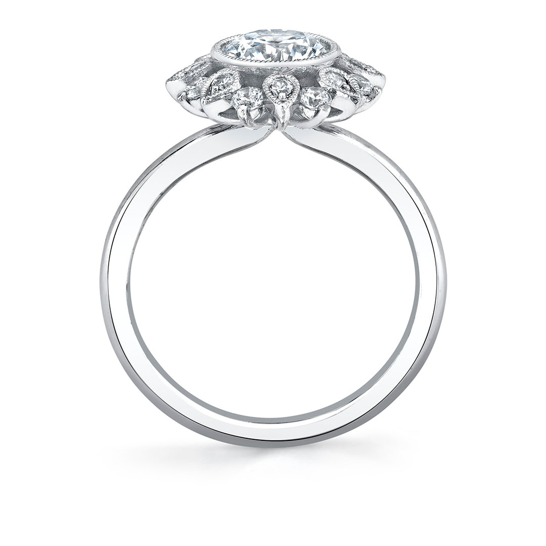 Round Cut Solitaire Floral Halo Engagement Ring - Carrie