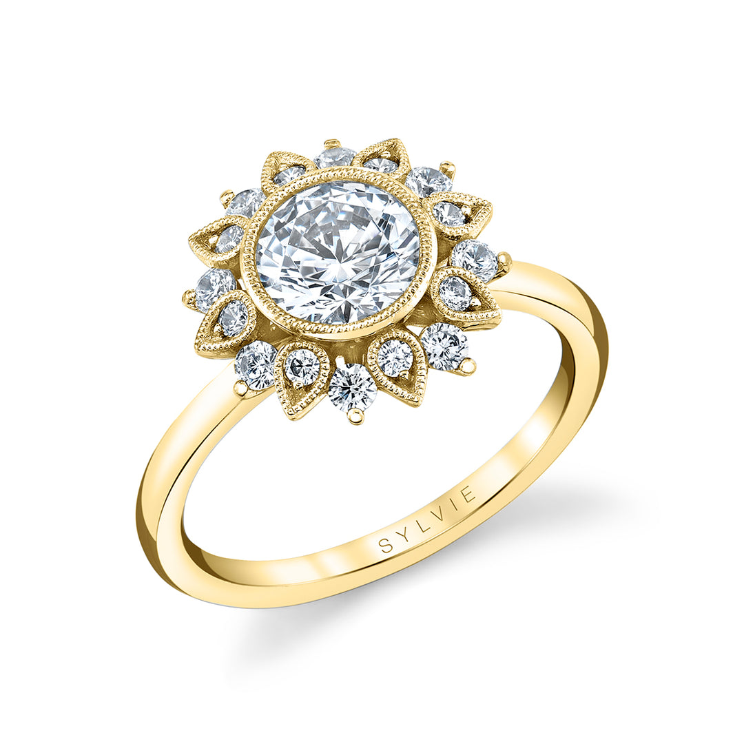 Round Cut Solitaire Floral Halo Engagement Ring - Carrie
