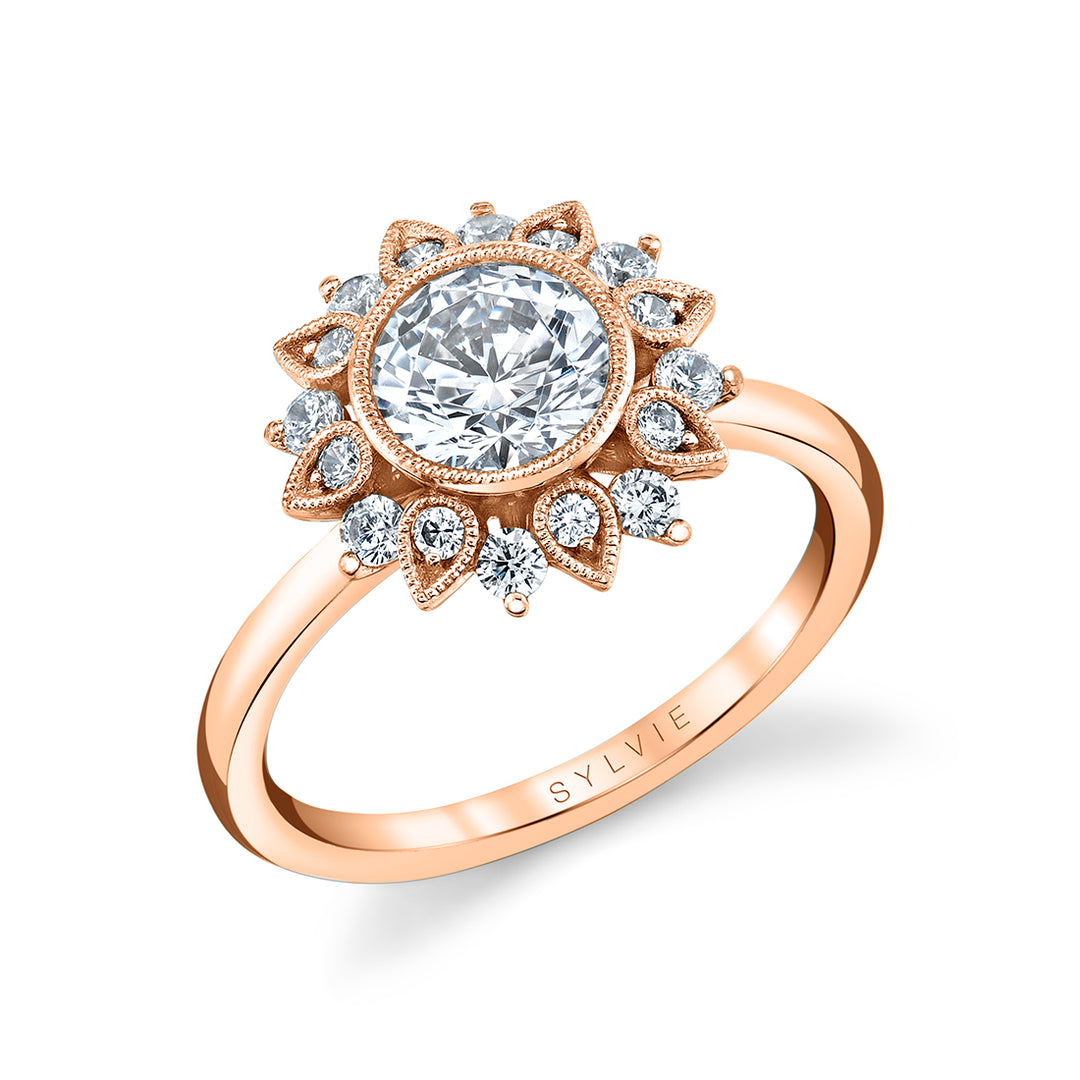 Round Cut Solitaire Floral Halo Engagement Ring - Carrie