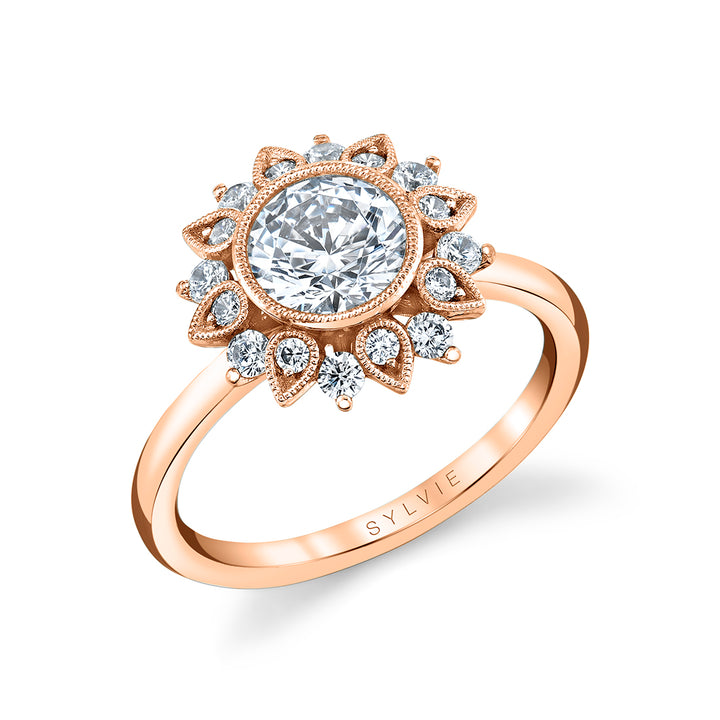 Round Cut Solitaire Floral Halo Engagement Ring - Carrie