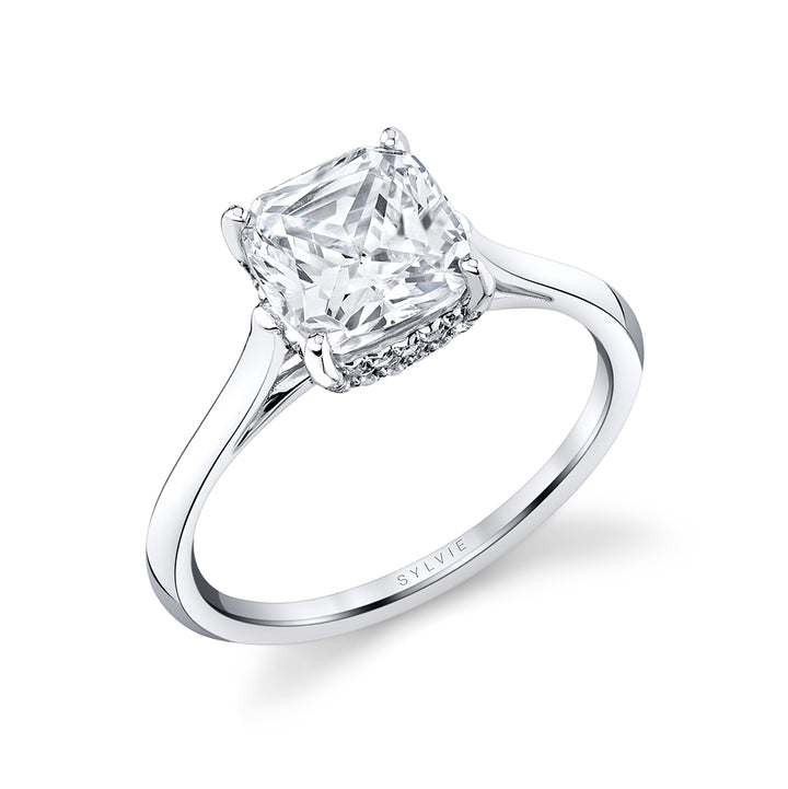 Cushion Cut Solitaire Engagement Ring with Hidden Halo - Carter