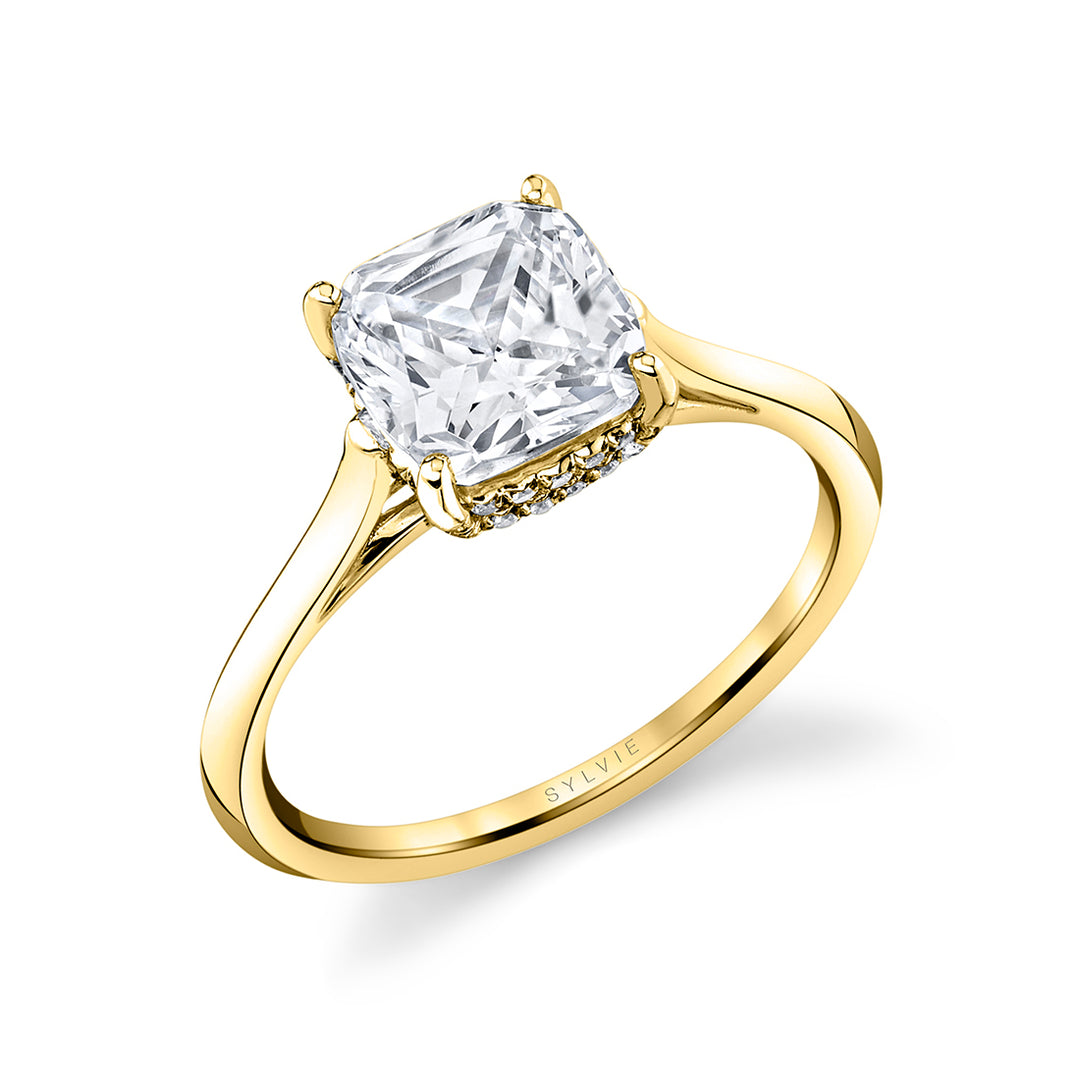 Cushion Cut Solitaire Engagement Ring with Hidden Halo - Carter